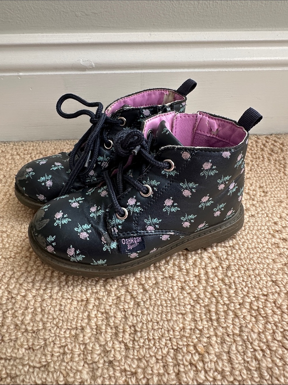 OshKosh B'gosh Black Floral Lace-Up Kids Boots with Pink Lining